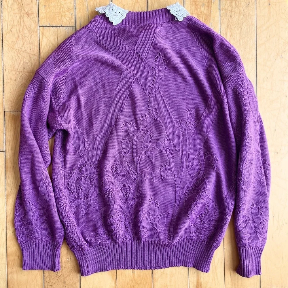 Excelsior Vintage 90s Purple Lace Collar Purple Knit Sweater Size Small Medium - Picture 6 of 6